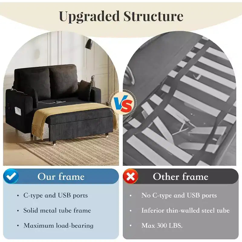 Canapé-lit convertible, canapé-lit escamotable de 142 cm, canapé-lit deux places avec 4 oreillers, chargement USB, porte-gobelets, poches latérales pour salon, chambre à coucher