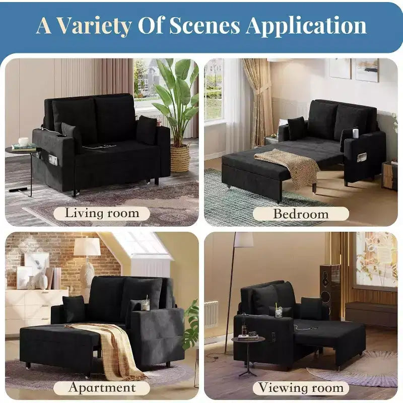 Canapé-lit convertible, canapé-lit escamotable de 142 cm, canapé-lit deux places avec 4 oreillers, chargement USB, porte-gobelets, poches latérales pour salon, chambre à coucher