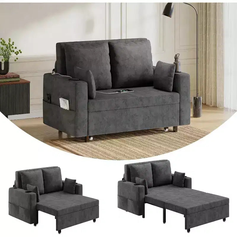 Canapé-lit convertible, canapé-lit escamotable de 142 cm, canapé-lit deux places avec 4 oreillers, chargement USB, porte-gobelets, poches latérales pour salon, chambre à coucher