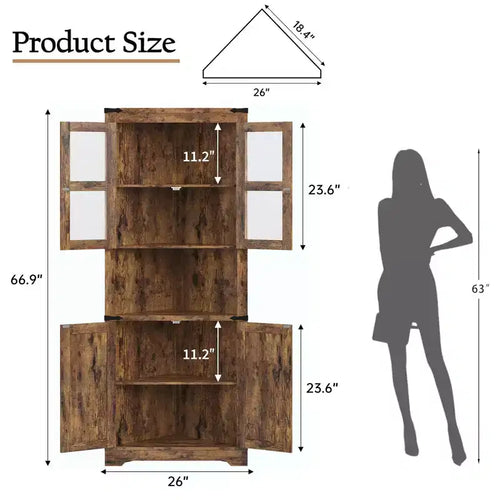 Meuble de rangement d'angle haut de 170 cm avec éclairage, vaisselier d'angle de style rustique avec portes vitrées, organisateur de rangement en bois pour cuisine, salle de bain