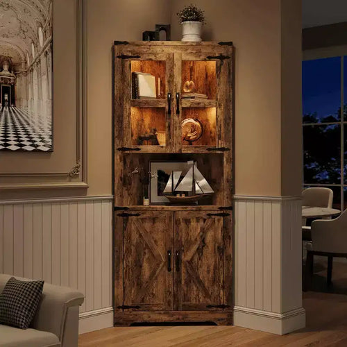 67 in Tall Corner Storage Cabinet with Lights, Farmhouse Corner Hutch Display Cabinet with Glass Doors, Wooden Storage Organizer for Kitchen, Bathroom