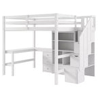 Lit mezzanine Clihome double avec bureau en L et tiroirs, armoire et escalier de rangement