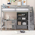 Lit mezzanine Clihome double avec bureau en L et tiroirs, armoire et escalier de rangement