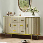 Buffet vaisselier cannelé, Grand bahut de rangement de 150 cm Meuble TV console multimédia avec 6 tiroirs et 2 portes coulissantes pour salon