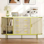 Buffet vaisselier cannelé, Grand bahut de rangement de 150 cm Meuble TV console multimédia avec 6 tiroirs et 2 portes coulissantes pour salon