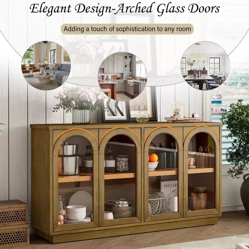 Grand buffet 4 portes avec portes vitrées, meuble d'appoint arqué avec étagères réglables pour cuisine, salle à manger