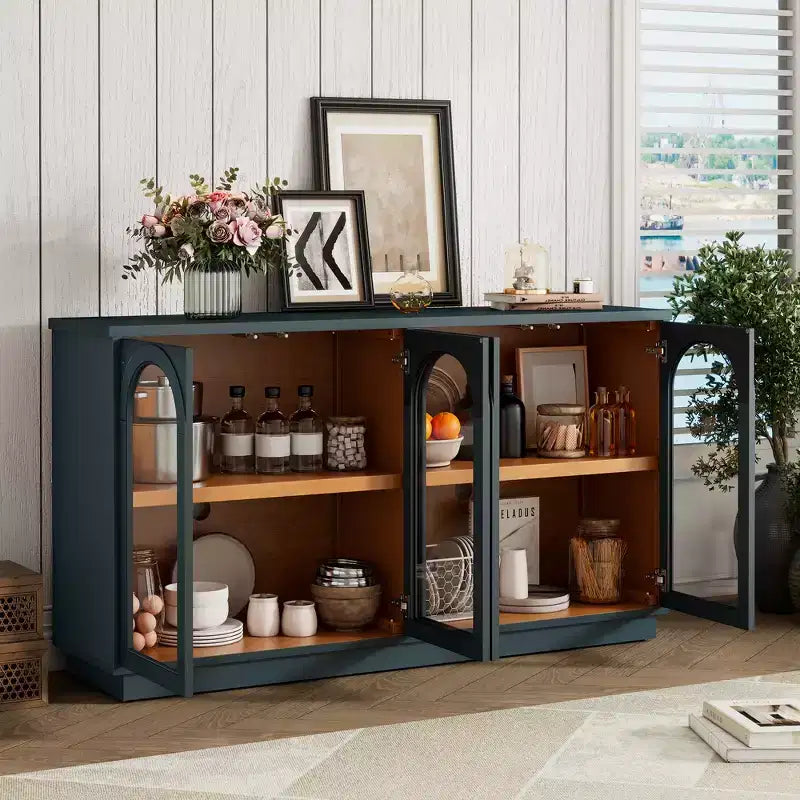 Grand buffet 4 portes avec portes vitrées, meuble d'appoint arqué avec étagères réglables pour cuisine, salle à manger