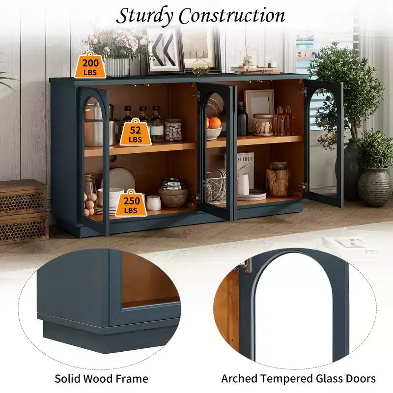 Grand buffet 4 portes avec portes vitrées, meuble d'appoint arqué avec étagères réglables pour cuisine, salle à manger