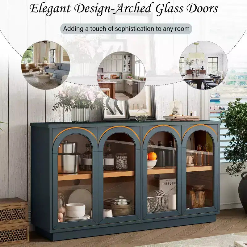 Grand buffet 4 portes avec portes vitrées, meuble d'appoint arqué avec étagères réglables pour cuisine, salle à manger