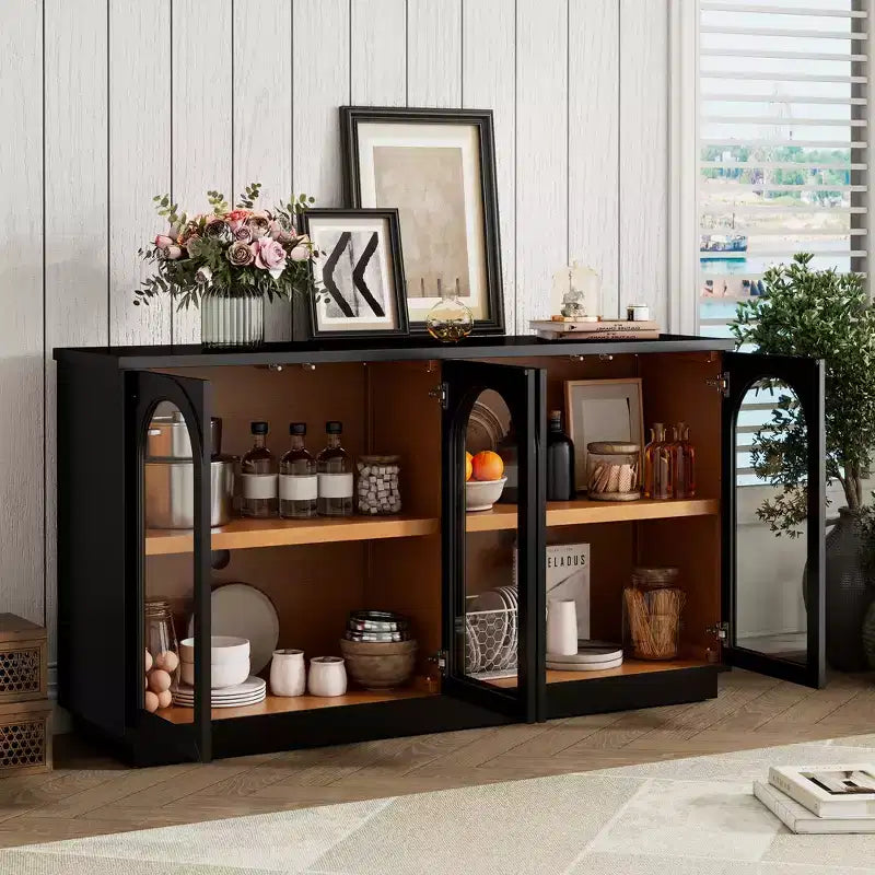 Grand buffet 4 portes avec portes vitrées, meuble d'appoint arqué avec étagères réglables pour cuisine, salle à manger