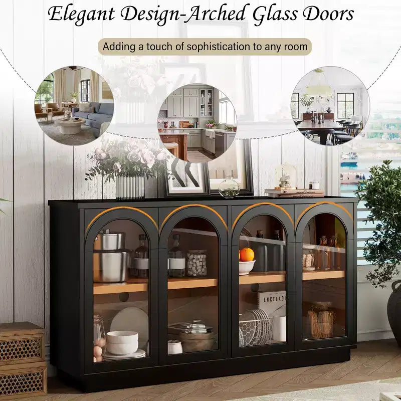Grand buffet 4 portes avec portes vitrées, meuble d'appoint arqué avec étagères réglables pour cuisine, salle à manger