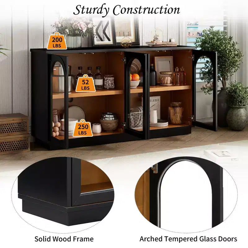 Grand buffet 4 portes avec portes vitrées, meuble d'appoint arqué avec étagères réglables pour cuisine, salle à manger