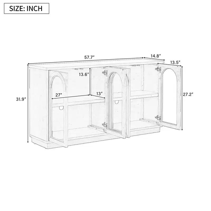 Grand buffet 4 portes avec portes vitrées, meuble d'appoint arqué avec étagères réglables pour cuisine, salle à manger