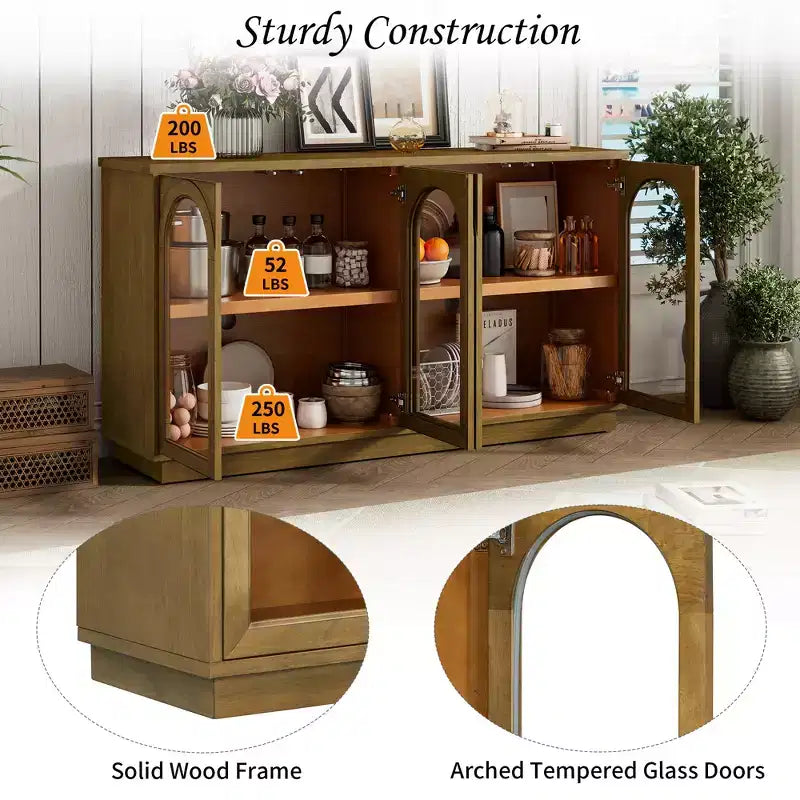 Grand buffet 4 portes avec portes vitrées, meuble d'appoint arqué avec étagères réglables pour cuisine, salle à manger