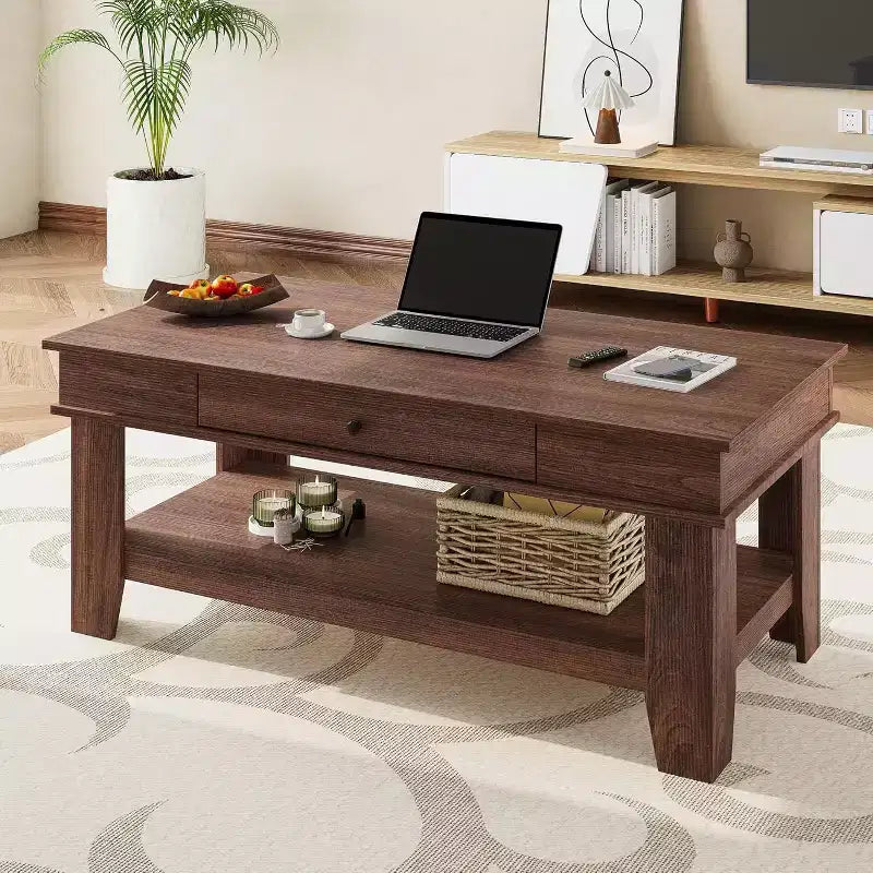 Table basse rectangulaire rustique - Table basse de salon avec tiroir et étagère ouverte, structure stable à 4 pieds, conception de rangement robuste