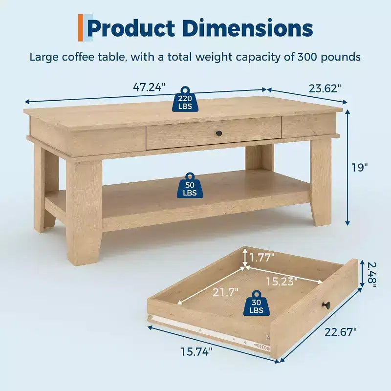 Table basse rectangulaire rustique - Table basse de salon avec tiroir et étagère ouverte, structure stable à 4 pieds, conception de rangement robuste