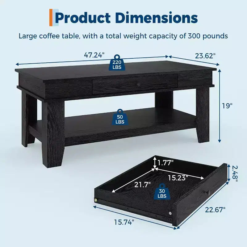 Table basse rectangulaire rustique - Table basse de salon avec tiroir et étagère ouverte, structure stable à 4 pieds, conception de rangement robuste