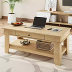 Table basse rectangulaire rustique - Table basse de salon avec tiroir et étagère ouverte, structure stable à 4 pieds, conception de rangement robuste