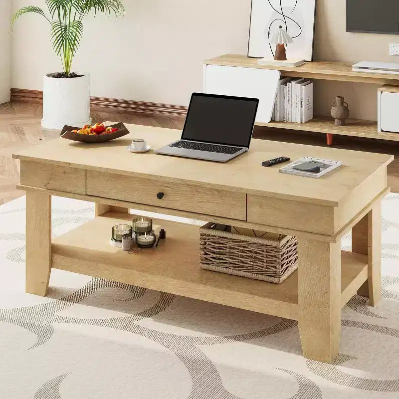 Table basse rectangulaire rustique - Table basse de salon avec tiroir et étagère ouverte, structure stable à 4 pieds, conception de rangement robuste
