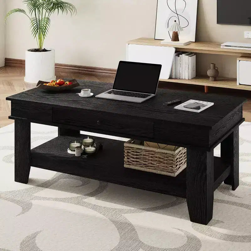 Table basse rectangulaire rustique - Table basse de salon avec tiroir et étagère ouverte, structure stable à 4 pieds, conception de rangement robuste