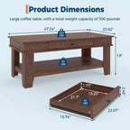 Table basse rectangulaire rustique - Table basse de salon avec tiroir et étagère ouverte, structure stable à 4 pieds, conception de rangement robuste
