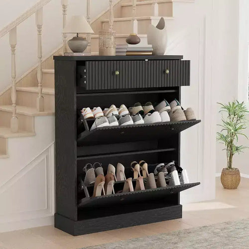 Acekool 42 Fluted Shoe Cabinet, Black Tall Narrow Shoe Organizer with 2 Flip Drawers & Top Drawer for Entryway