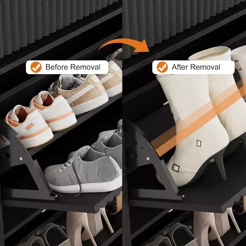 Acekool Meuble à chaussures cannelé 42, organisateur de chaussures haut et étroit noir avec 2 tiroirs basculants et un tiroir supérieur pour l'entrée