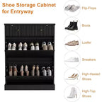 Acekool Meuble à chaussures cannelé 42, organisateur de chaussures haut et étroit noir avec 2 tiroirs basculants et un tiroir supérieur pour l'entrée