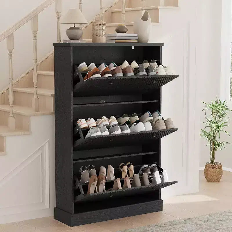 Acekool Meuble à chaussures cannelé 42, organisateur de chaussures haut et étroit noir avec 2 tiroirs basculants et un tiroir supérieur pour l'entrée