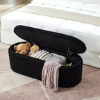Banc ottoman de rangement ovale moderne Okak avec charnière de sécurité, banc rembourré pour entrée, banc de bout de lit pour salon, entrée