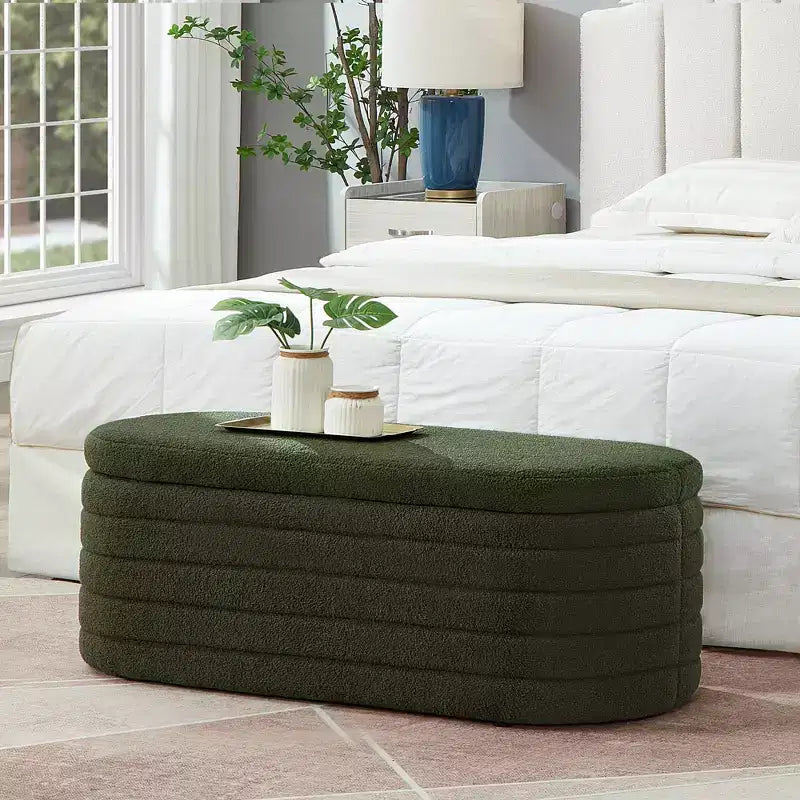 Banc ottoman de rangement ovale moderne Okak avec charnière de sécurité, banc rembourré pour entrée, banc de bout de lit pour salon, entrée