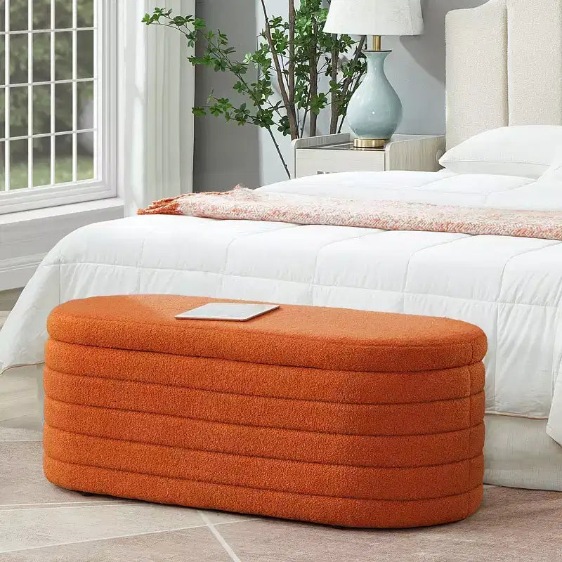 Banc ottoman de rangement ovale moderne Okak avec charnière de sécurité, banc rembourré pour entrée, banc de bout de lit pour salon, entrée