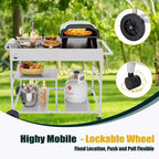 Chariot de four à pizza Celebalcony avec station de garniture, îlot de cuisine extérieur avec rangement pour grille, plancha Ninja Blackstone, etc., argent