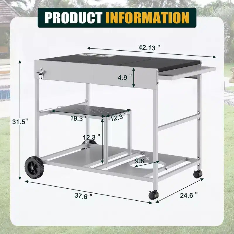 Chariot de four à pizza Celebalcony avec station de garniture, îlot de cuisine extérieur avec rangement pour grille, plancha Ninja Blackstone, etc., argent