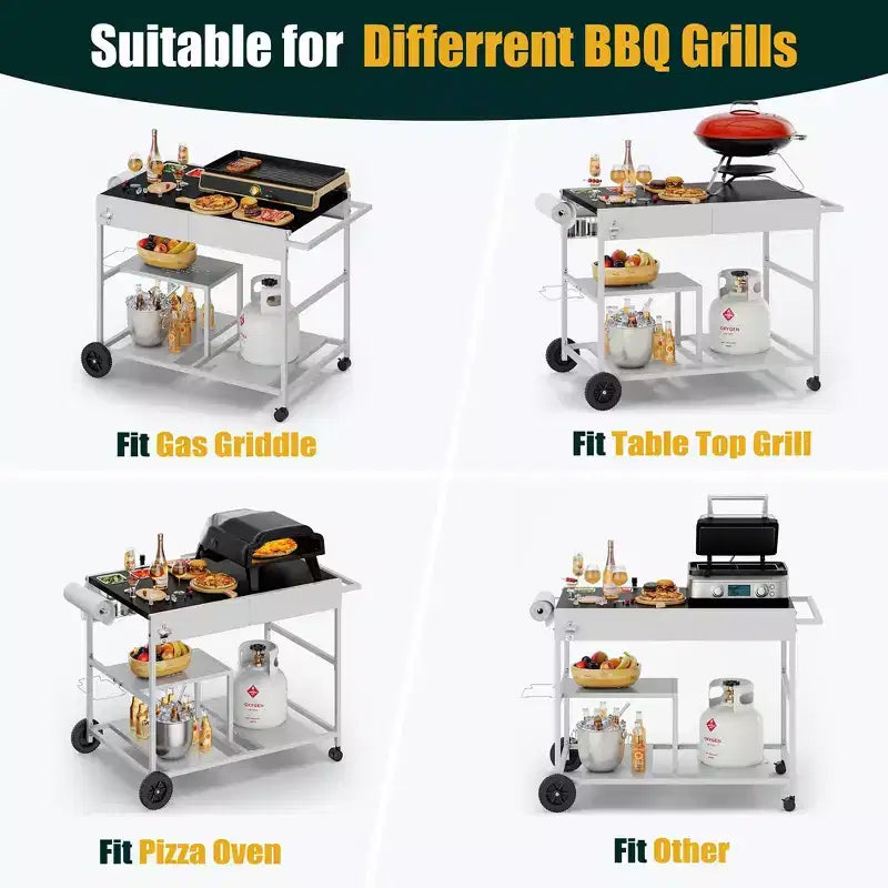 Chariot de four à pizza Celebalcony avec station de garniture, îlot de cuisine extérieur avec rangement pour grille, plancha Ninja Blackstone, etc., argent