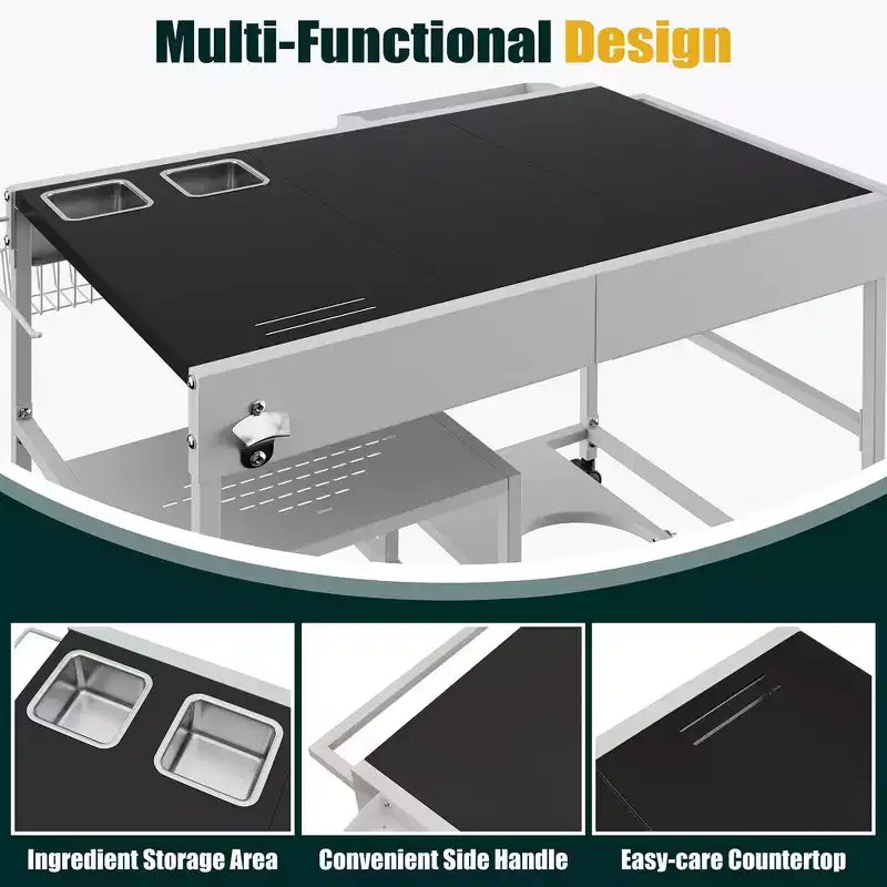 Chariot de four à pizza Celebalcony avec station de garniture, îlot de cuisine extérieur avec rangement pour grille, plancha Ninja Blackstone, etc., argent