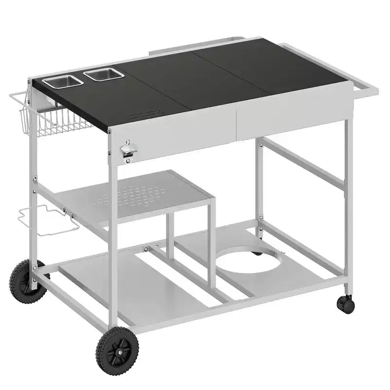 Chariot de four à pizza Celebalcony avec station de garniture, îlot de cuisine extérieur avec rangement pour grille, plancha Ninja Blackstone, etc., argent