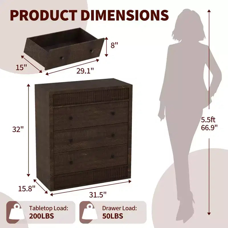 Commode à 3/5 tiroirs COZONY, grand meuble de rangement en bois cannelé avec tiroirs à glissement doux, table de chevet moderne en bois