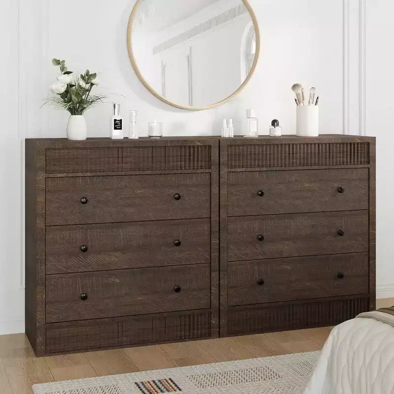 Commode à 3/5 tiroirs COZONY, grand meuble de rangement en bois cannelé avec tiroirs à glissement doux, table de chevet moderne en bois