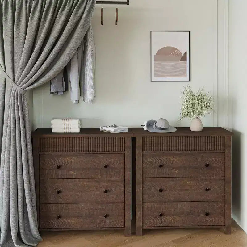 Commode à 3/5 tiroirs COZONY, grand meuble de rangement en bois cannelé avec tiroirs à glissement doux, table de chevet moderne en bois