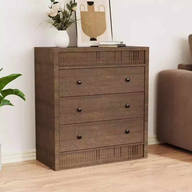Commode à 3/5 tiroirs COZONY, grand meuble de rangement en bois cannelé avec tiroirs à glissement doux, table de chevet moderne en bois