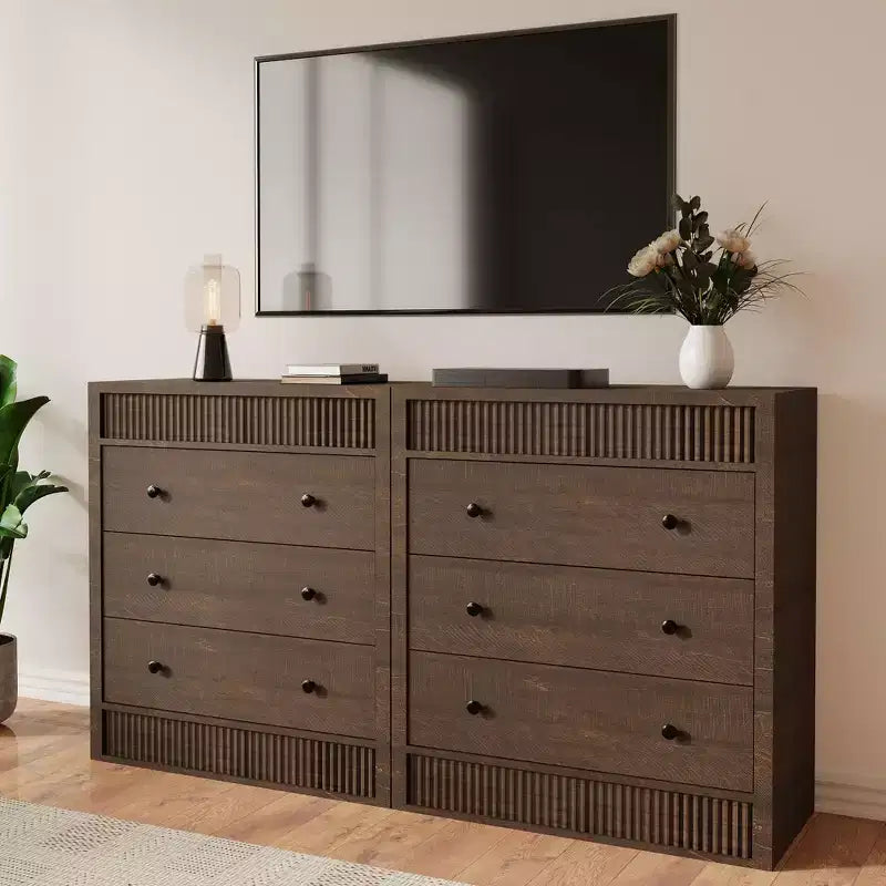Commode à 3/5 tiroirs COZONY, grand meuble de rangement en bois cannelé avec tiroirs à glissement doux, table de chevet moderne en bois