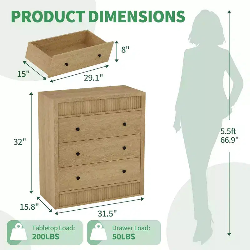 Commode à 3/5 tiroirs COZONY, grand meuble de rangement en bois cannelé avec tiroirs à glissement doux, table de chevet moderne en bois