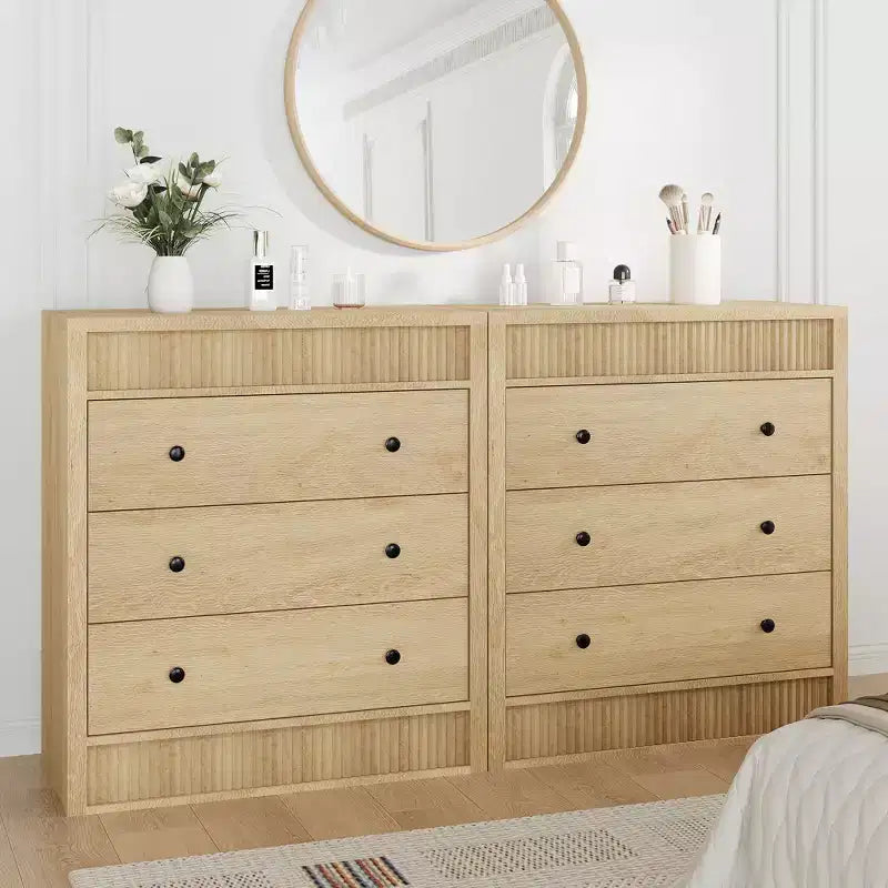 Commode à 3/5 tiroirs COZONY, grand meuble de rangement en bois cannelé avec tiroirs à glissement doux, table de chevet moderne en bois