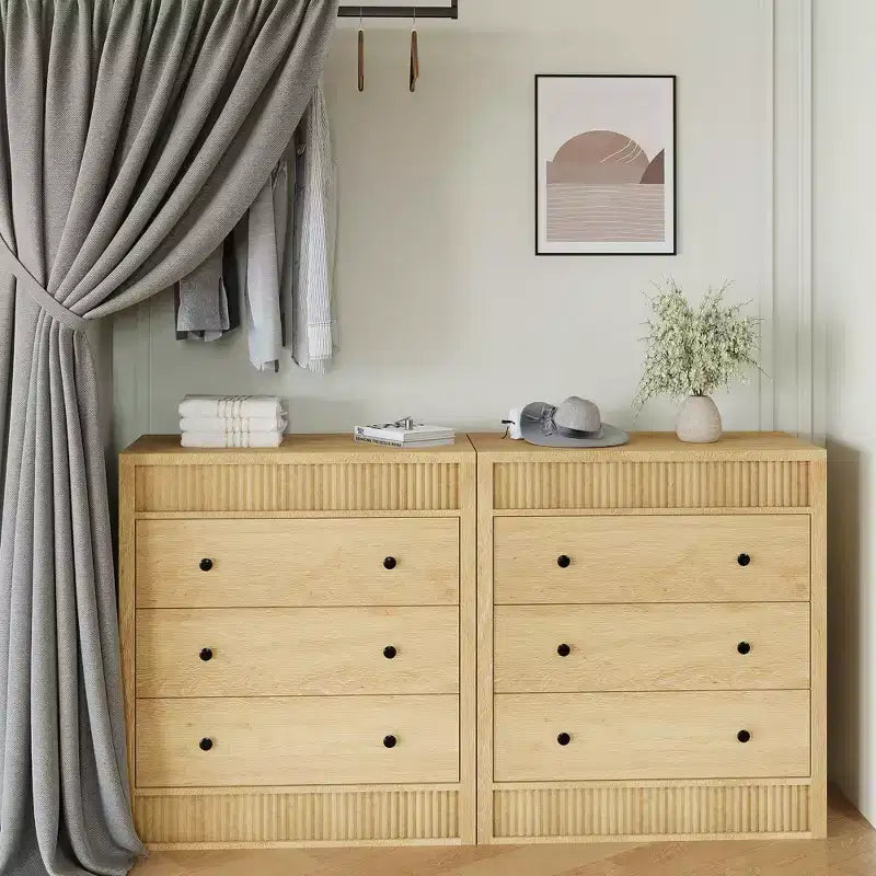 Commode à 3/5 tiroirs COZONY, grand meuble de rangement en bois cannelé avec tiroirs à glissement doux, table de chevet moderne en bois
