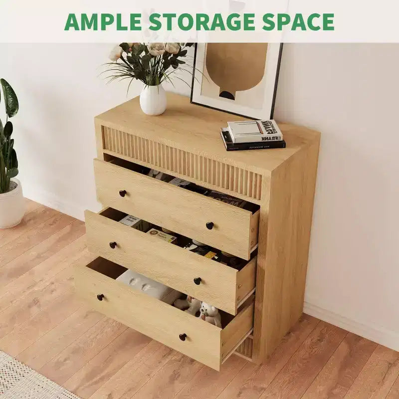 Commode à 3/5 tiroirs COZONY, grand meuble de rangement en bois cannelé avec tiroirs à glissement doux, table de chevet moderne en bois