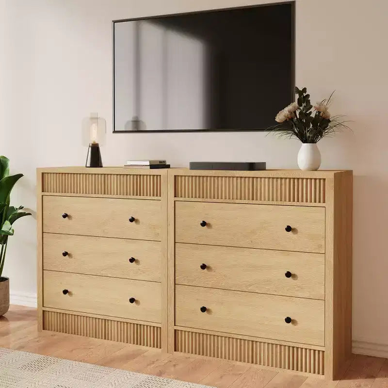 Commode à 3/5 tiroirs COZONY, grand meuble de rangement en bois cannelé avec tiroirs à glissement doux, table de chevet moderne en bois