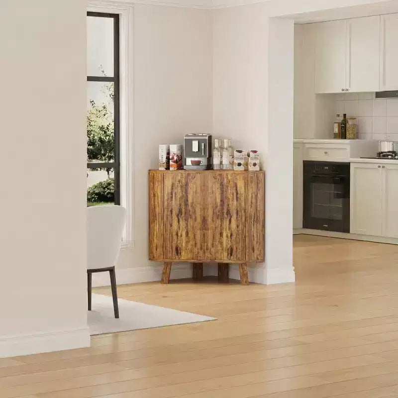 Meuble d'angle avec étagère réglable, table d'angle industrielle à 3 niveaux en bois avec portes, table d'appoint triangulaire pour salon, cuisine