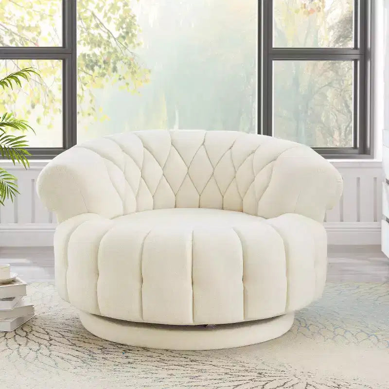 Fauteuil d'appoint pivotant moderne avec rembourrage épais, fauteuil club rond en chenille, fauteuil baril rotatif à 360° pour salon ou appartement-Panipeachy