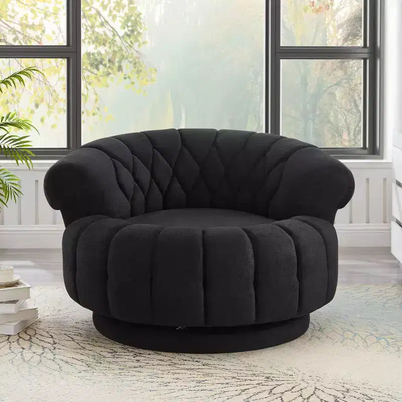Fauteuil d'appoint pivotant moderne avec rembourrage épais, fauteuil club rond en chenille, fauteuil baril rotatif à 360° pour salon ou appartement-Panipeachy